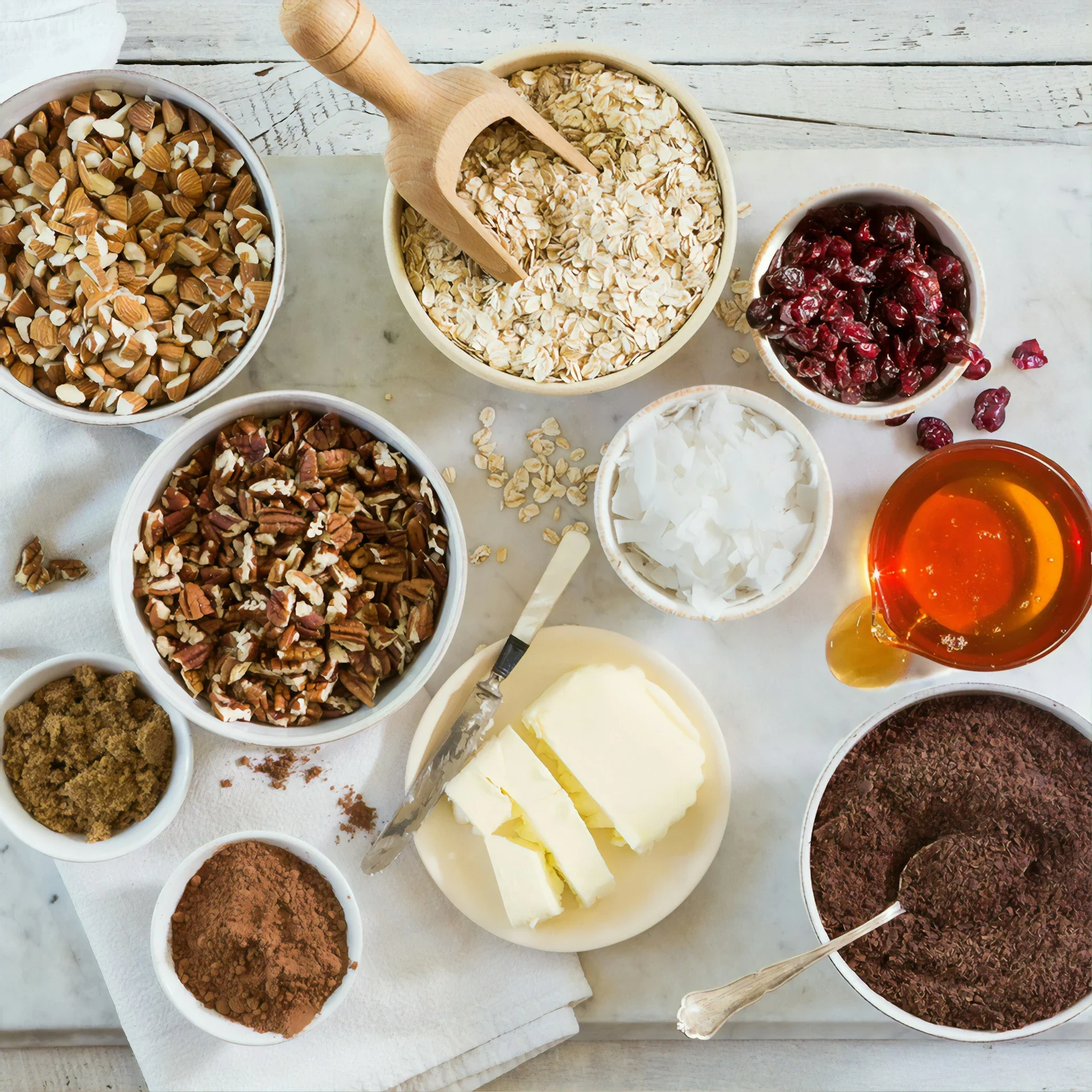 An overhead spread of baking ingredients on a counter.